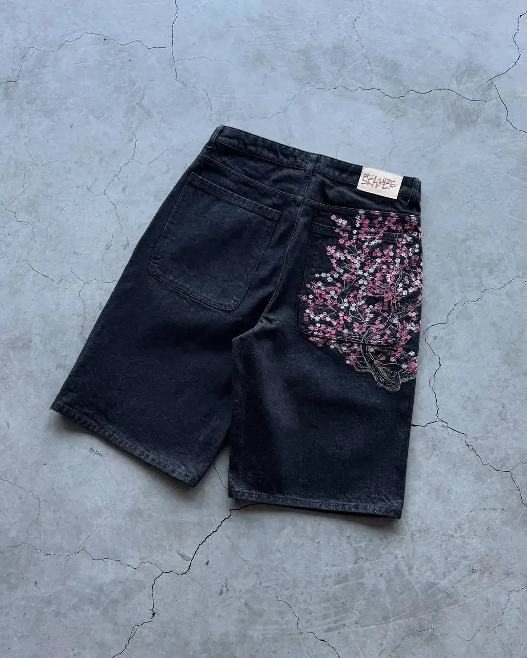 Shorts Jeans Floral Preto Streetwear