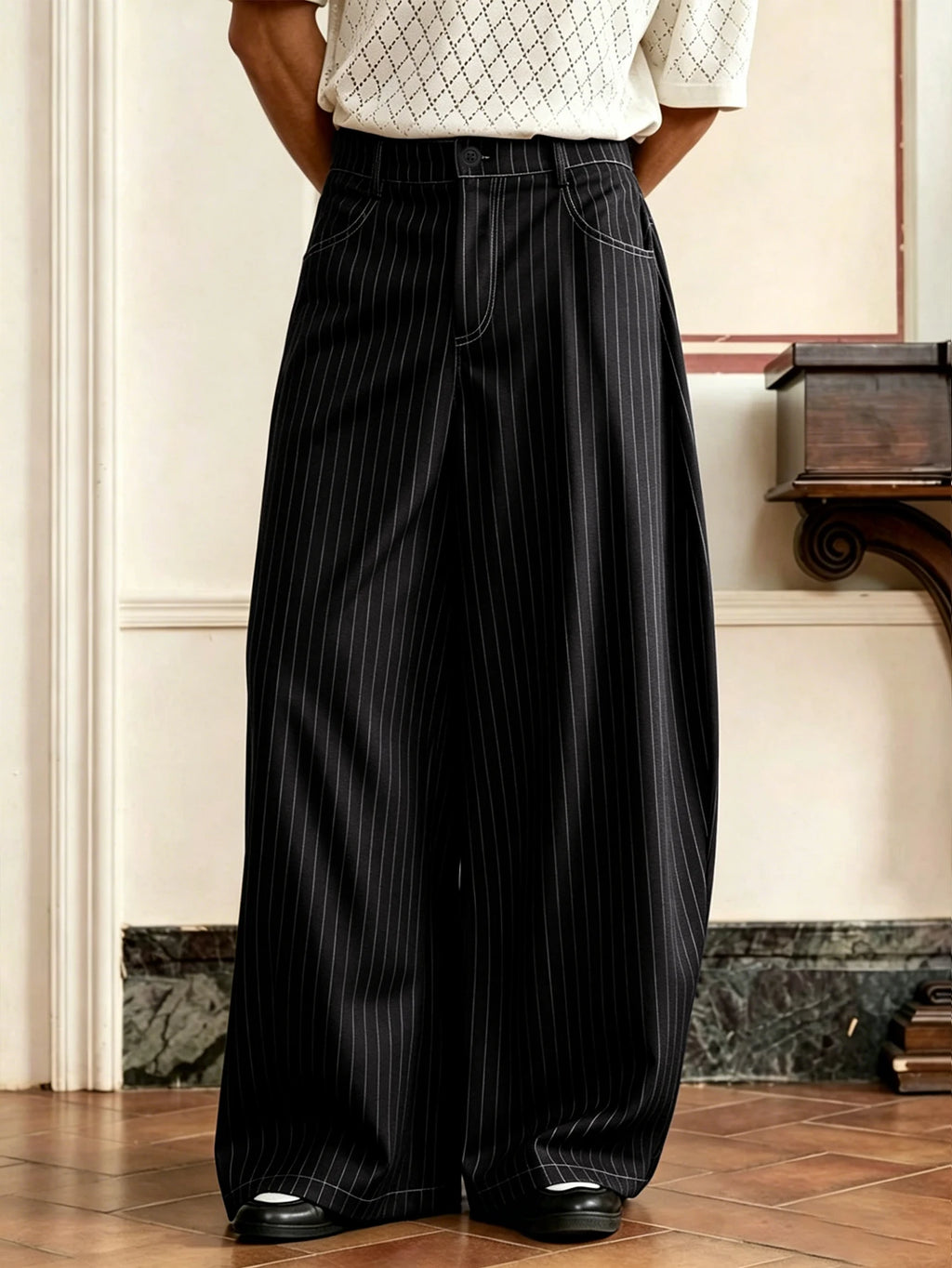 Calça Pinstripe Baggy Wide Leg Plissada Vintage