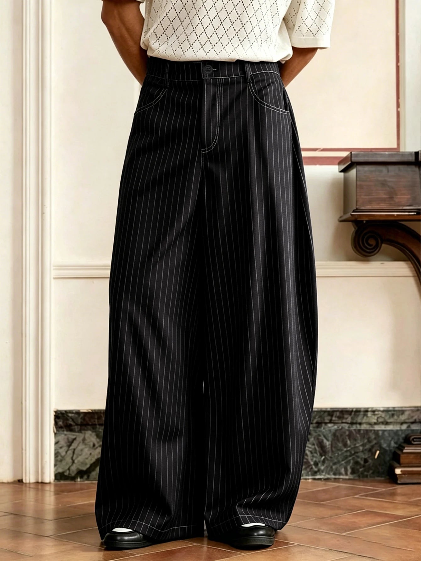 Calça Pinstripe Baggy Wide Leg Plissada Vintage