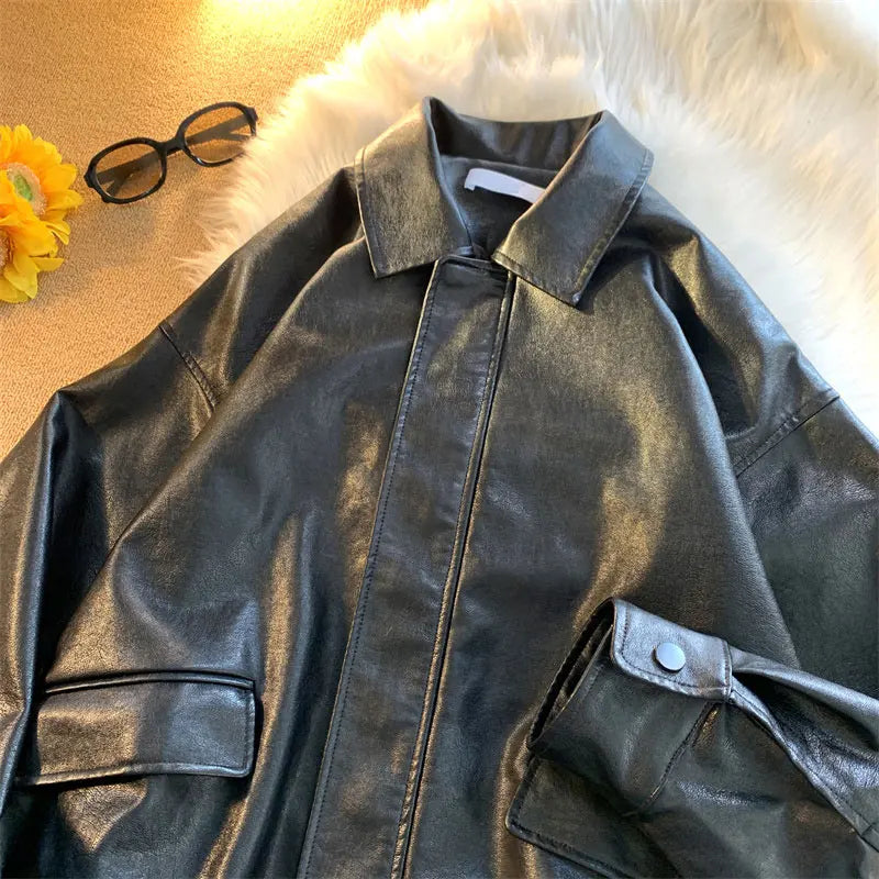 Jaqueta Biker PU Retrô Americana — Casual Streetwear Unissex