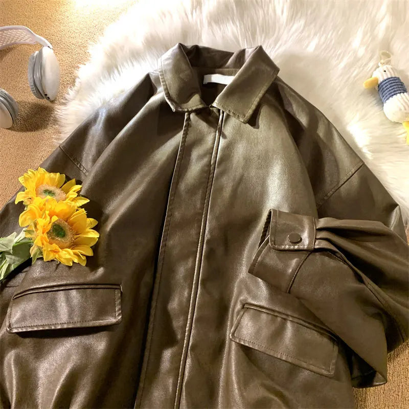 Jaqueta Biker PU Retrô Americana — Casual Streetwear Unissex