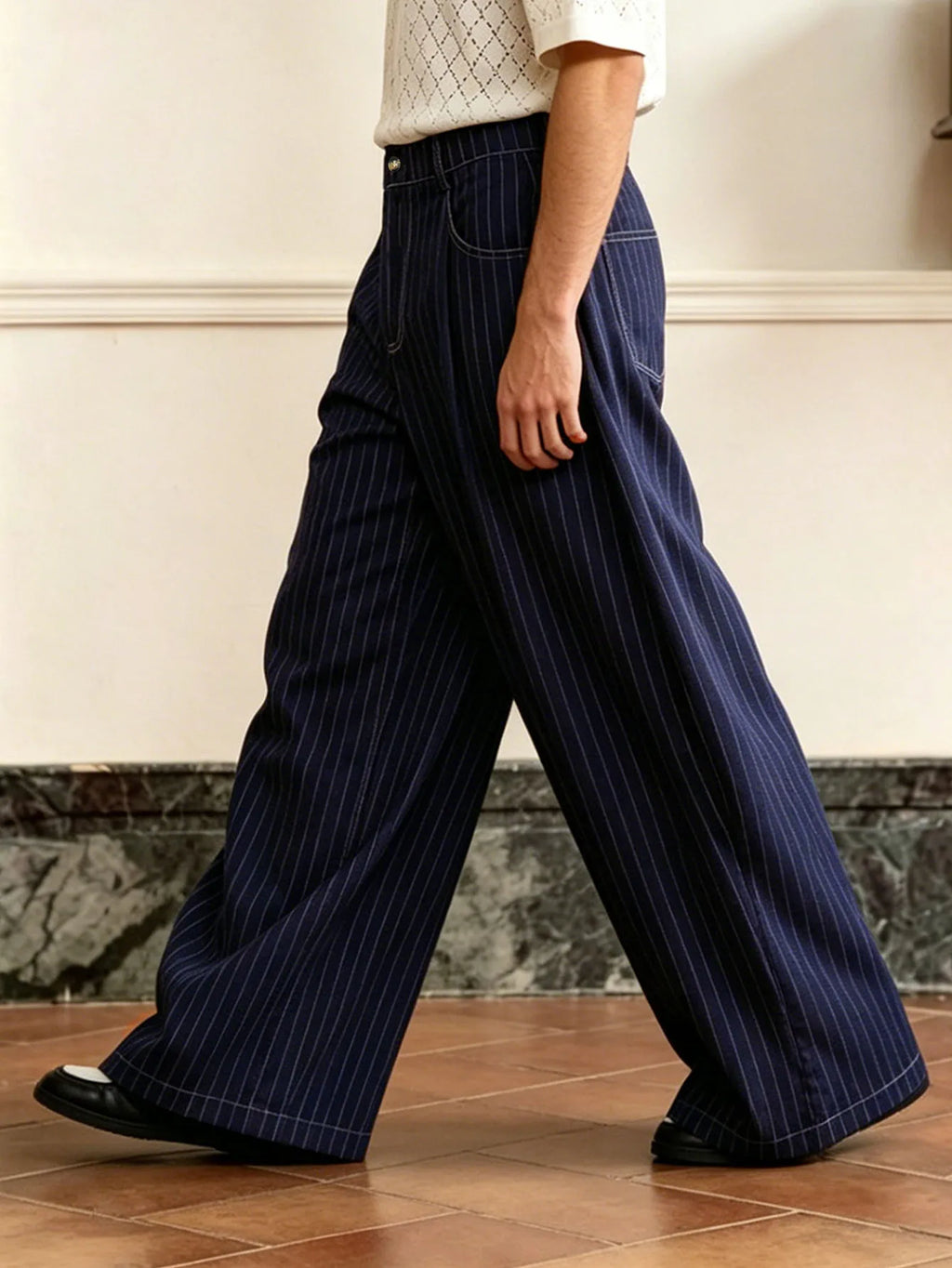 Calça Pinstripe Baggy Wide Leg Plissada Vintage