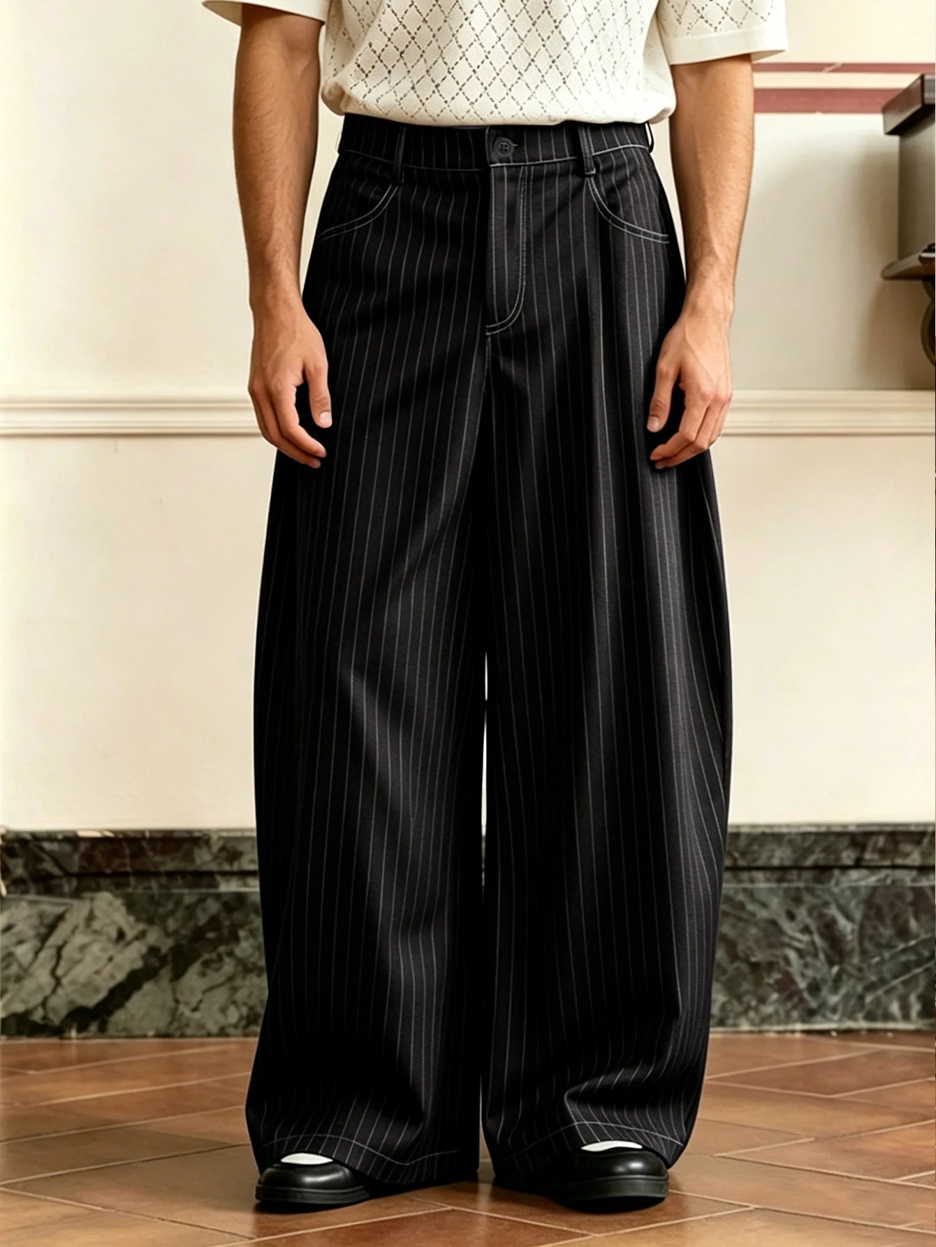 Calça Pinstripe Baggy Wide Leg Plissada Vintage