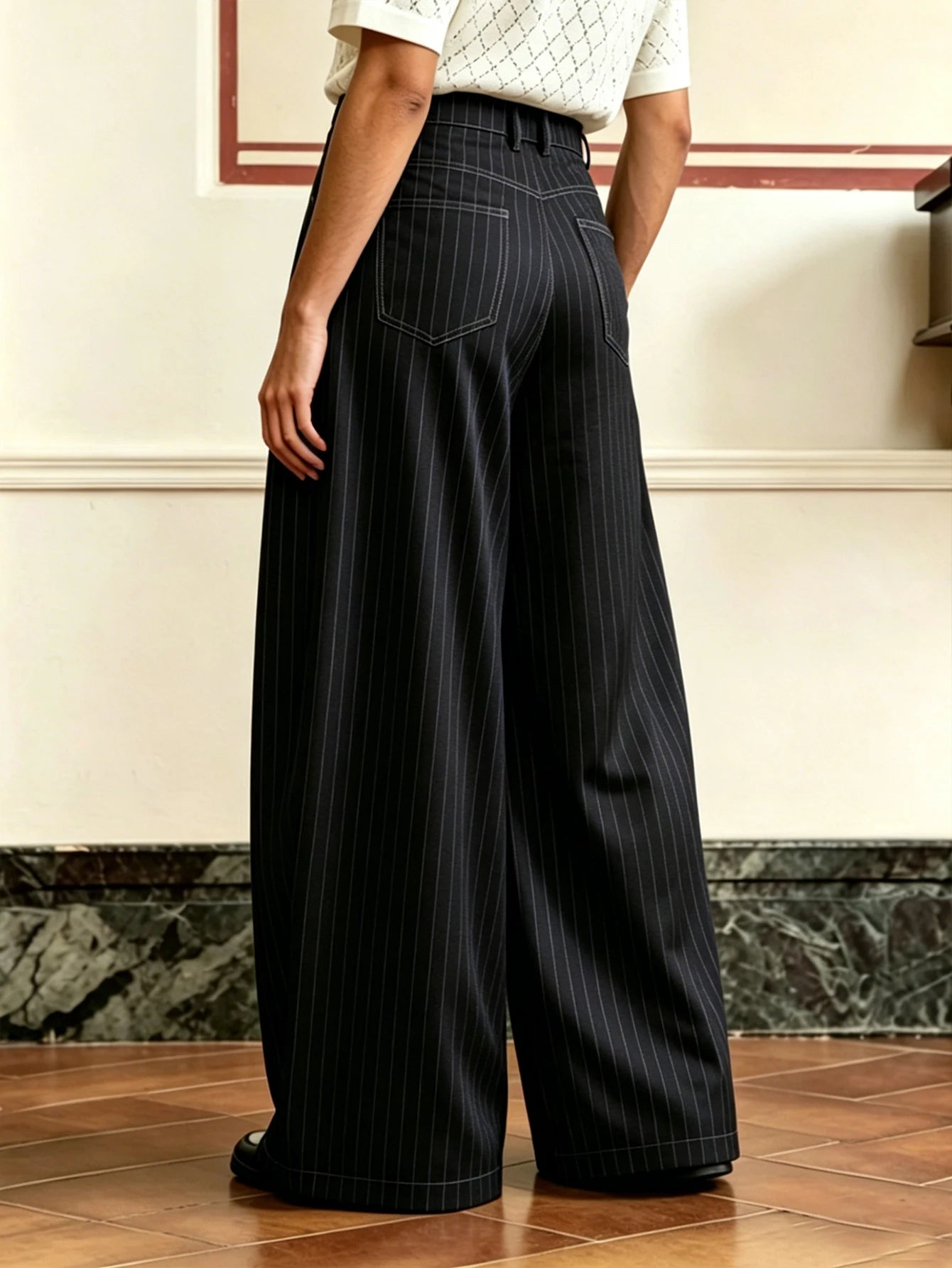 Calça Pinstripe Baggy Wide Leg Plissada Vintage