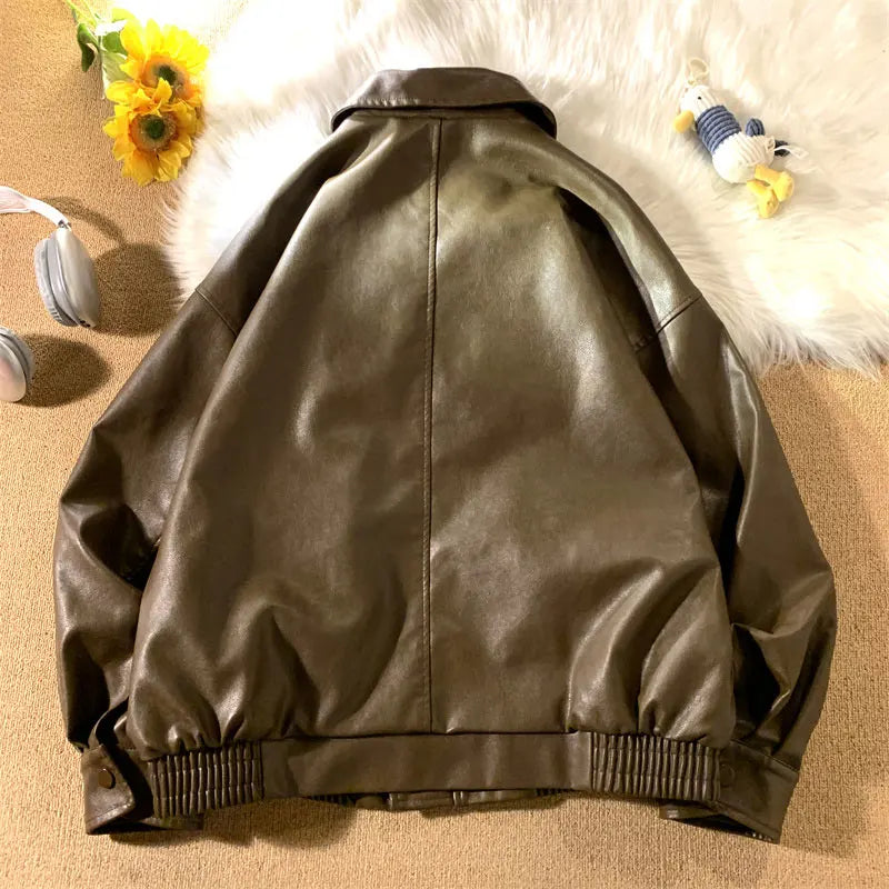 Jaqueta Biker PU Retrô Americana — Casual Streetwear Unissex