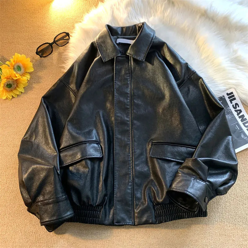 Jaqueta Biker PU Retrô Americana — Casual Streetwear Unissex