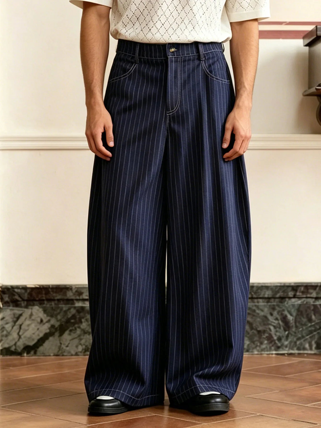 Calça Pinstripe Baggy Wide Leg Plissada Vintage