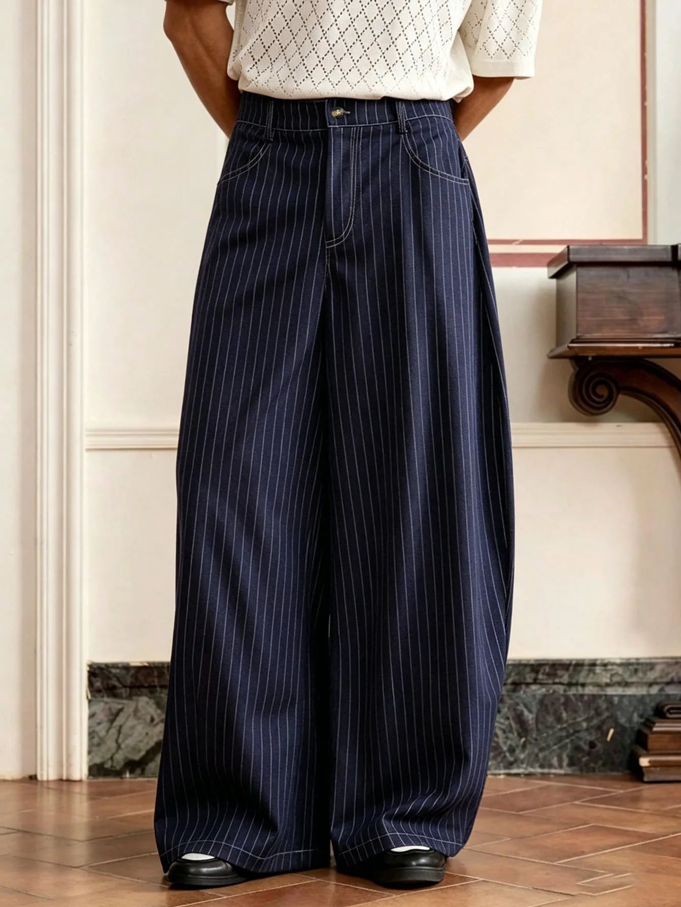 Calça Pinstripe Baggy Wide Leg Plissada Vintage